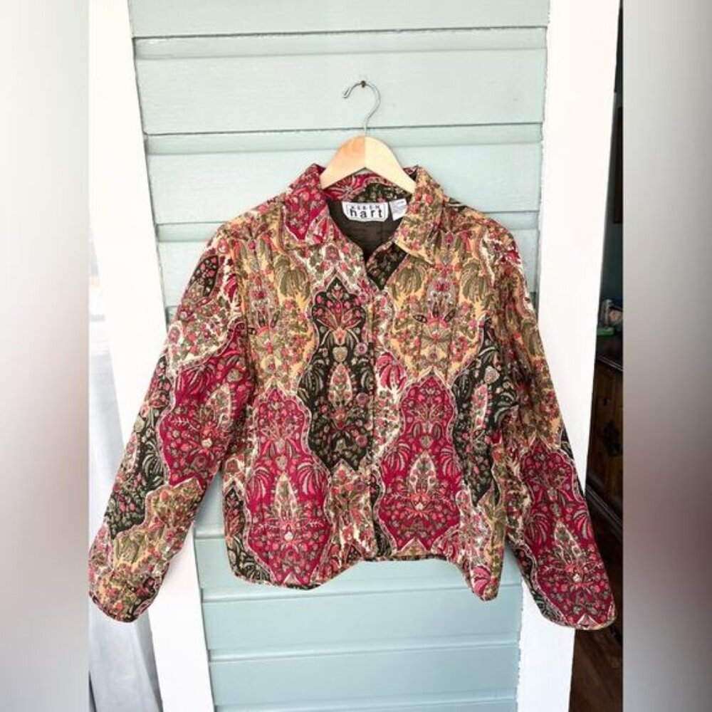 Vintage quilted block print jacket funky bohemian paisley  cotton coat artsy L